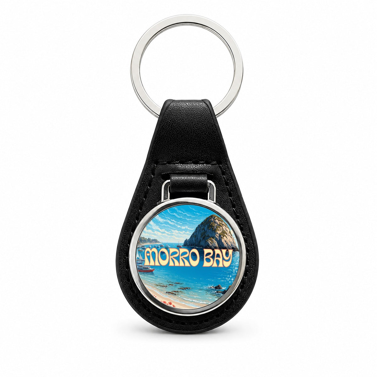 Morro Bay California Travel Black Leather Metal Keychain