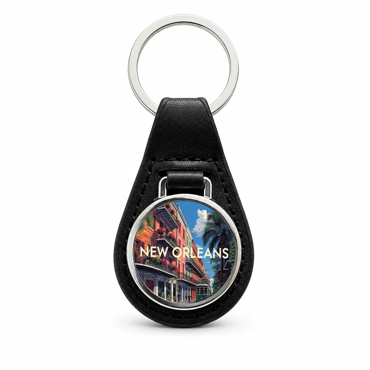 New Orleans Louisiana Travel Black Leather Metal Keychain