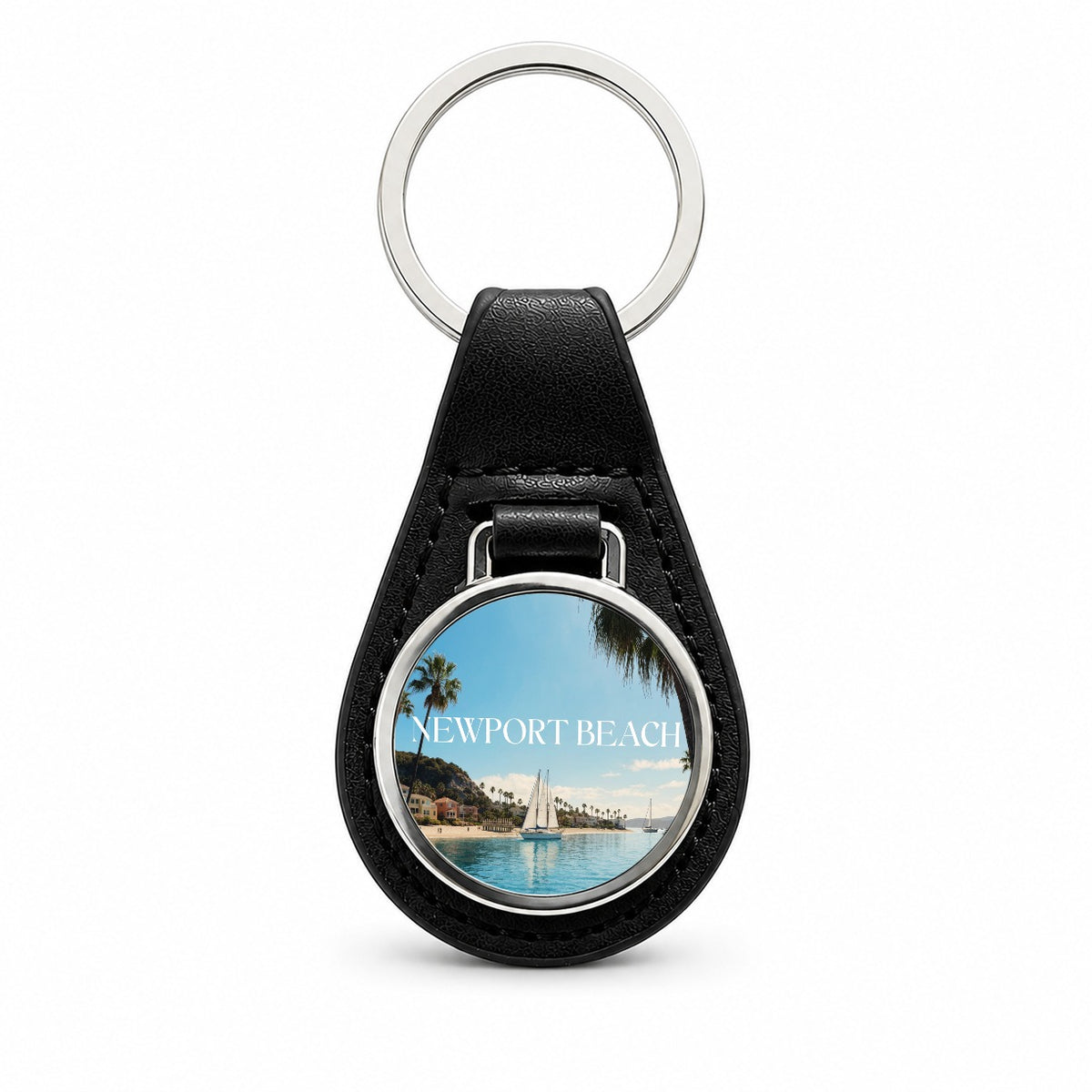 Newport Beach California Travel Black Leather Metal Keychain