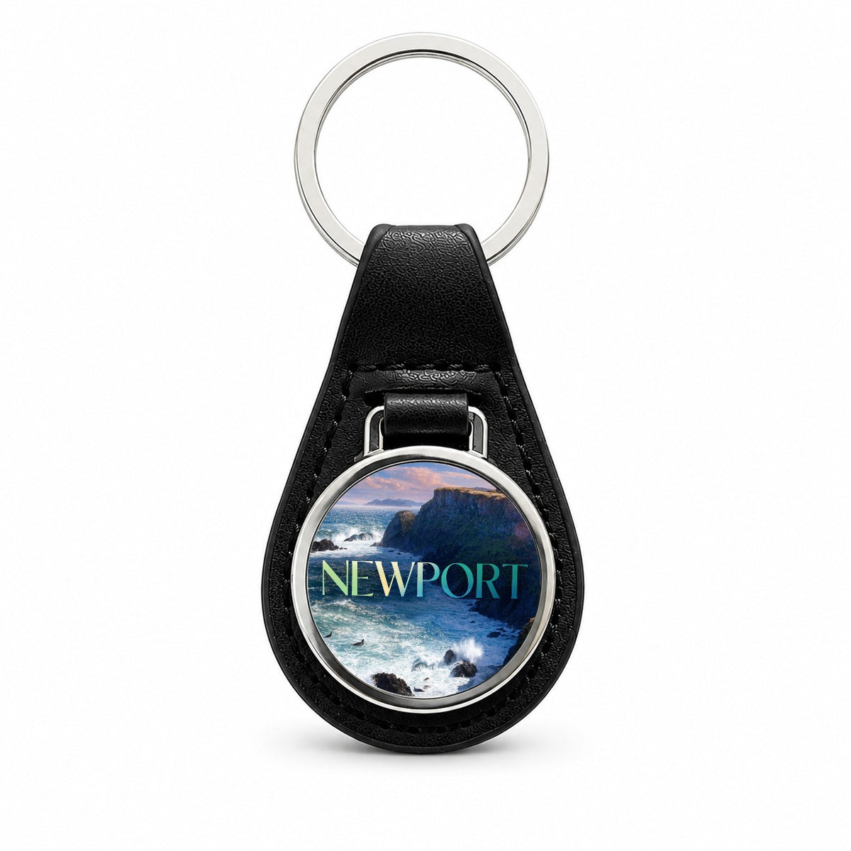 Newport Oregon Travel Black Leather Metal Keychain
