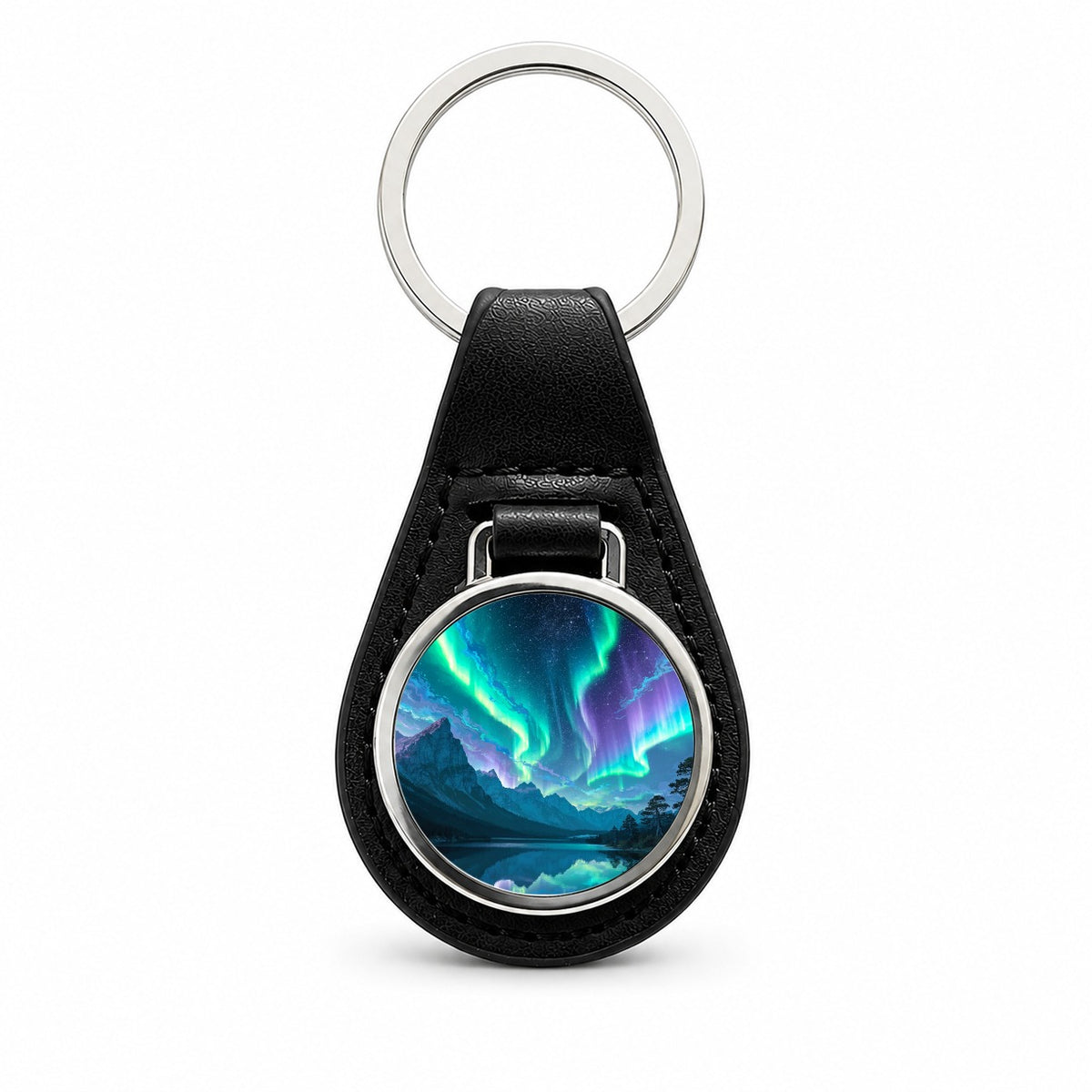 Northern Lights Mountain Lake Black Leather Metal Keychain