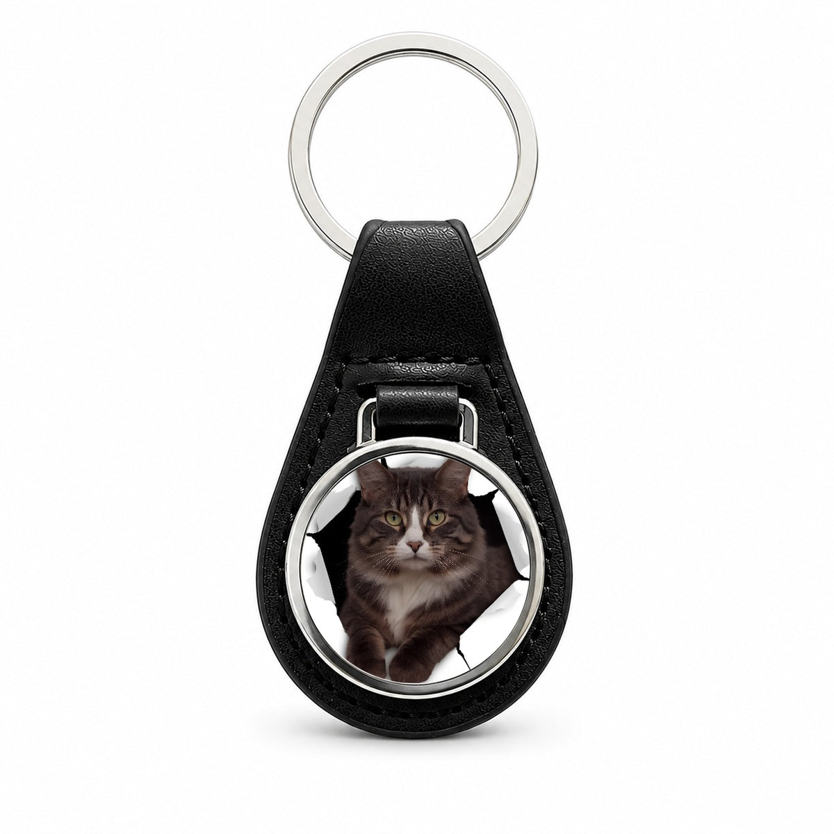 Norwegian Forest Cat Breakout Black Leather Metal Keychain