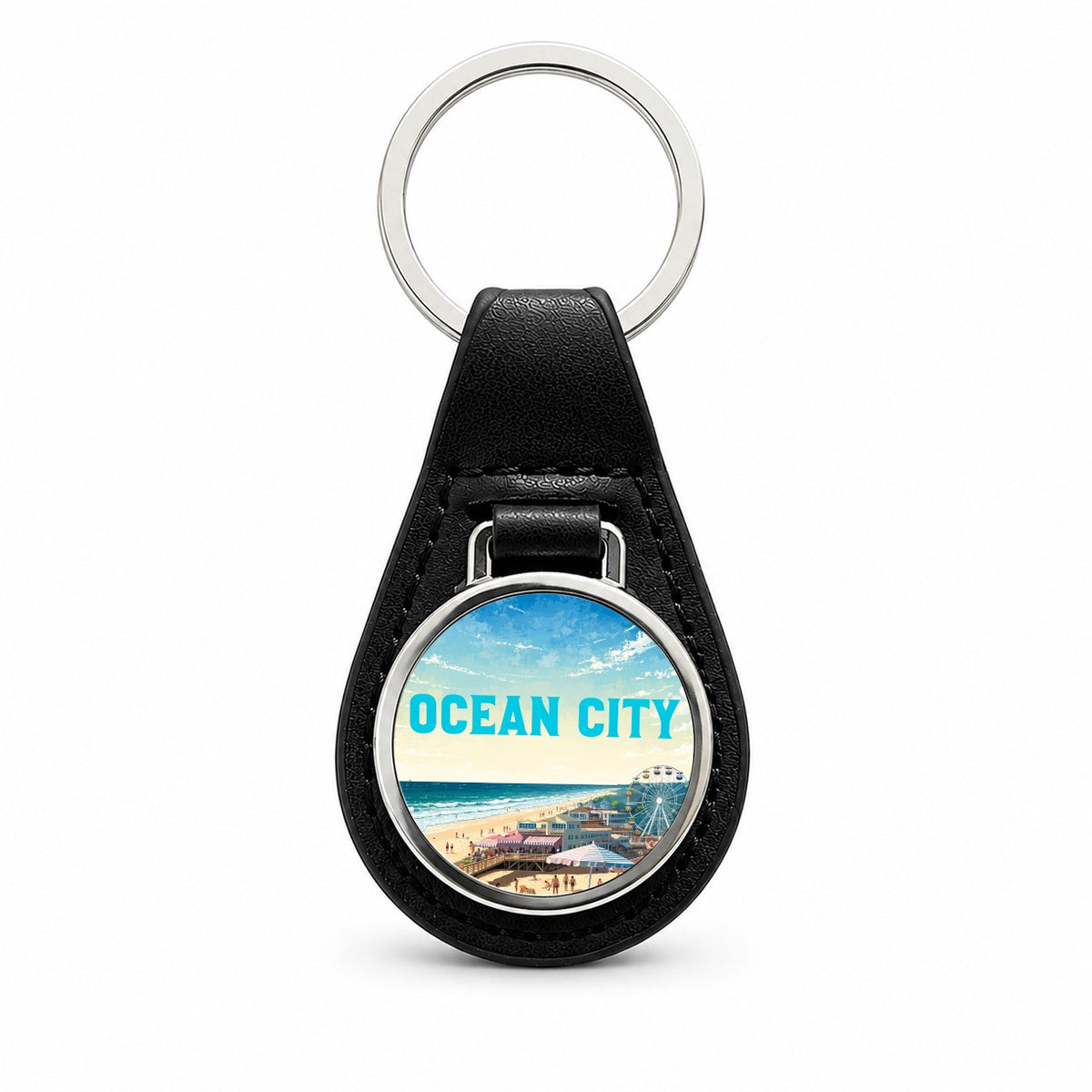 Ocean City Maryland Travel Black Leather Metal Keychain