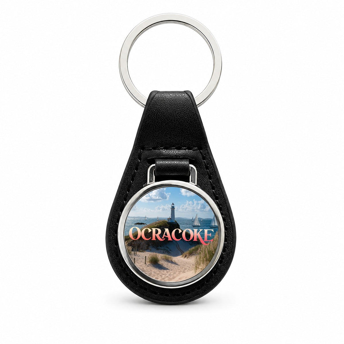 Ocracoke North Carolina Travel Black Leather Metal Keychain