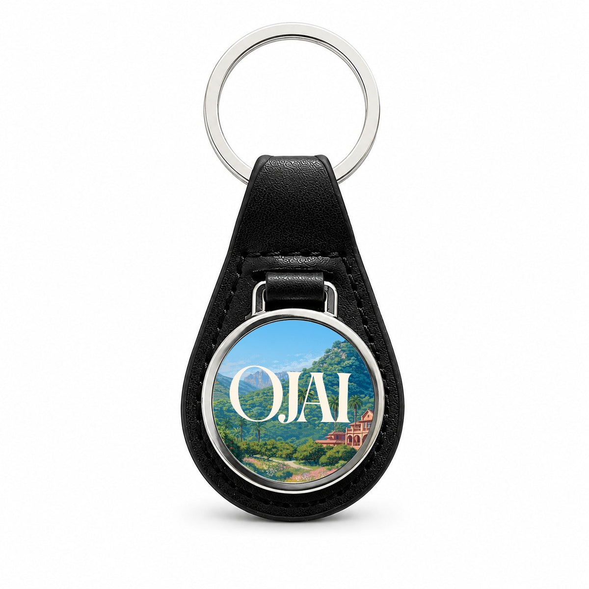 Ojai California Travel Black Leather Metal Keychain