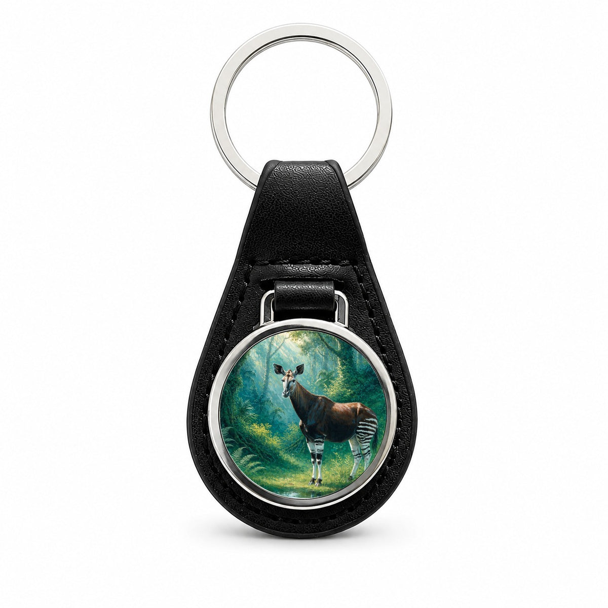 Okapi Rainforest Black Leather Metal Keychain