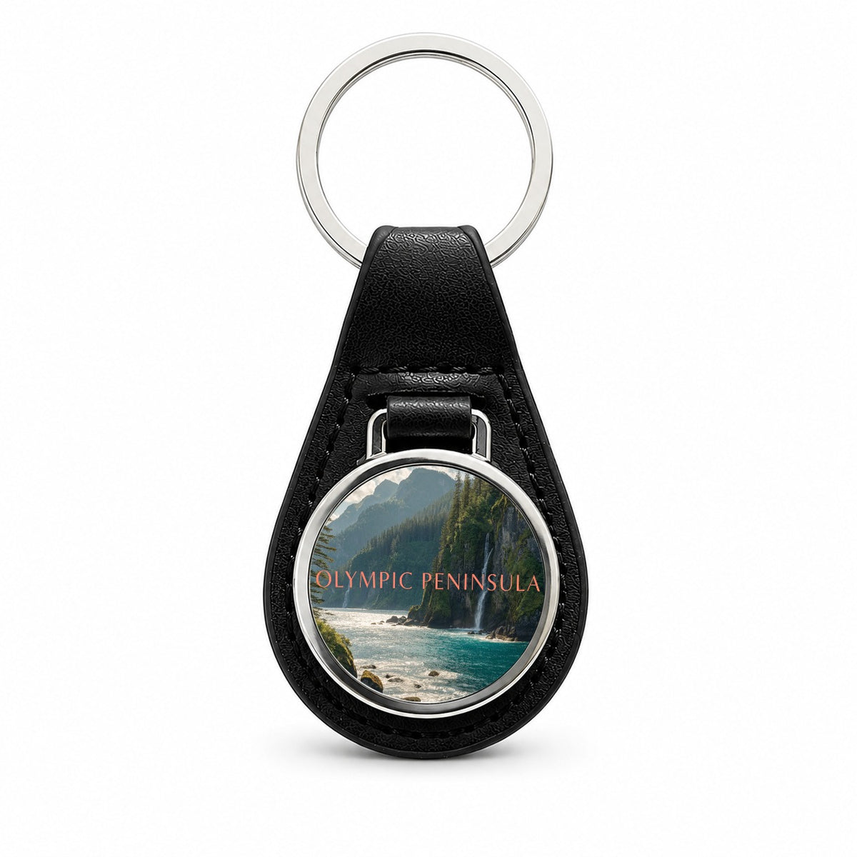 Olympic Peninsula Washington Travel Black Leather Metal Keychain