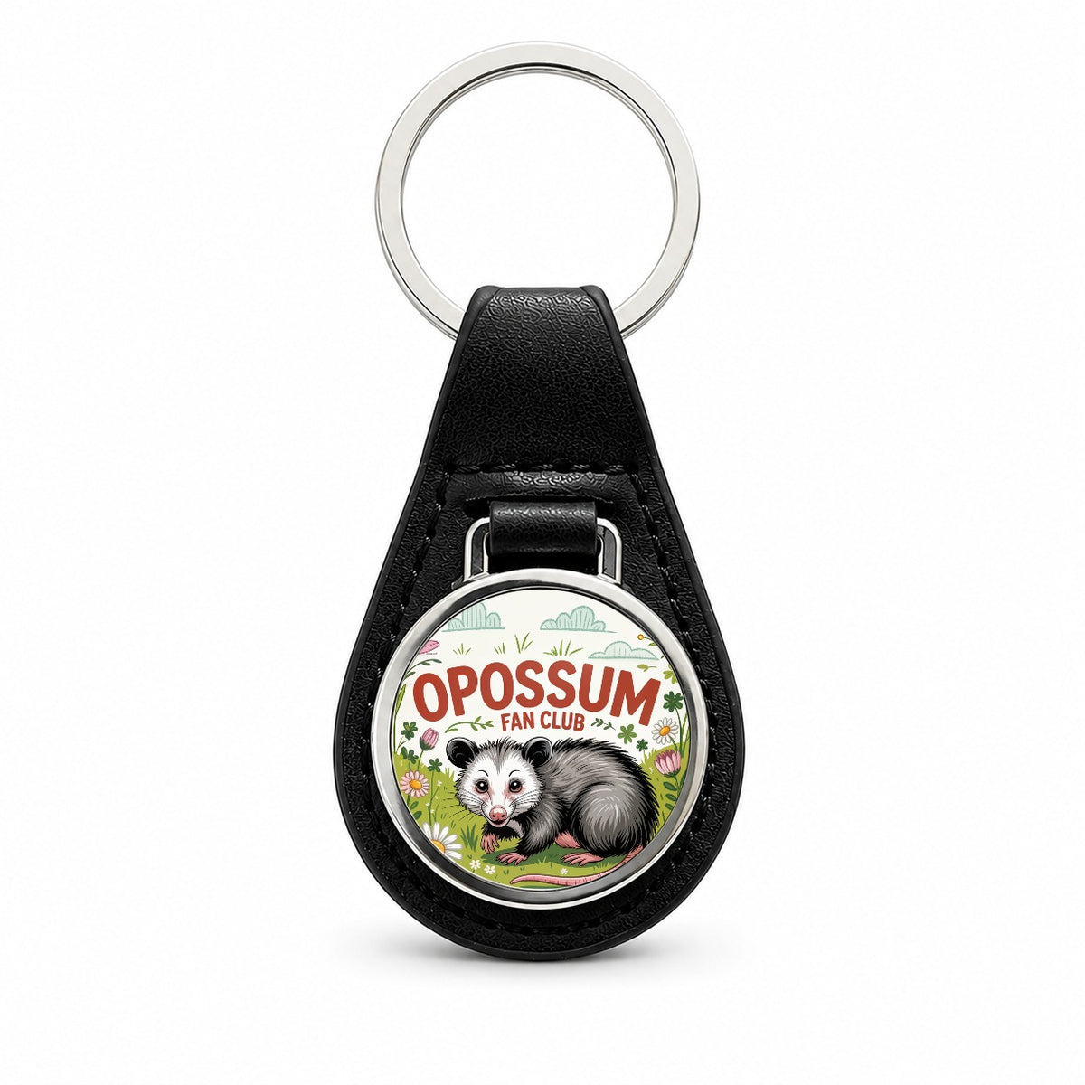 Opossum Fan Club In Flowers Black Leather Metal Keychain