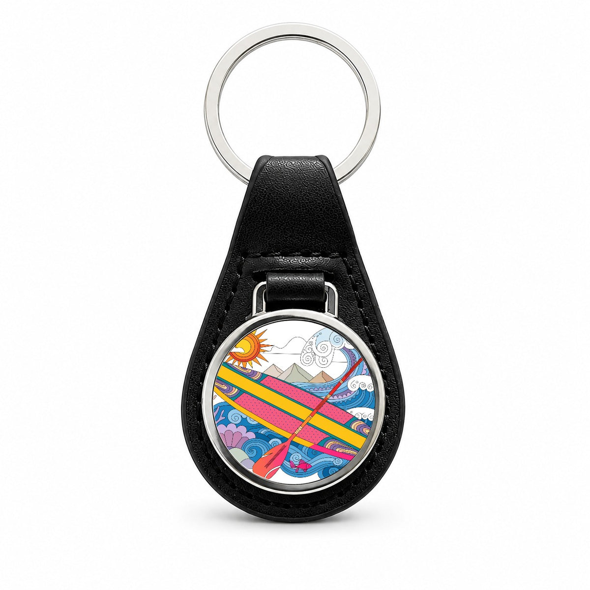 Paddleboarding Lake Sports Fun Black Leather Metal Keychain