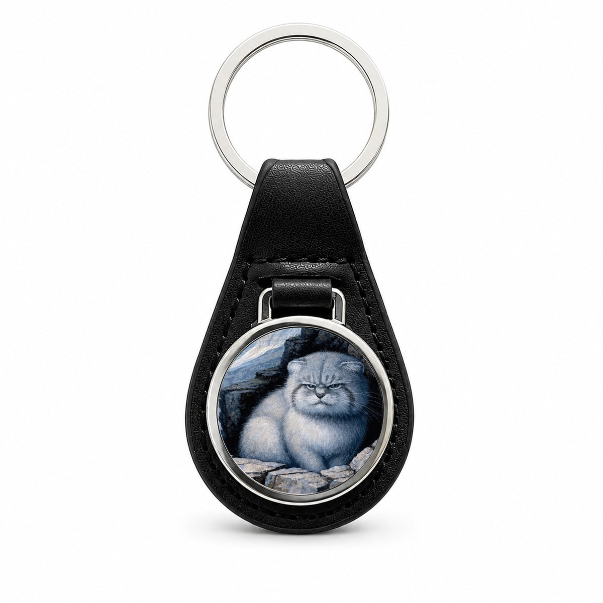 Pallas Cat Mountains Black Leather Metal Keychain