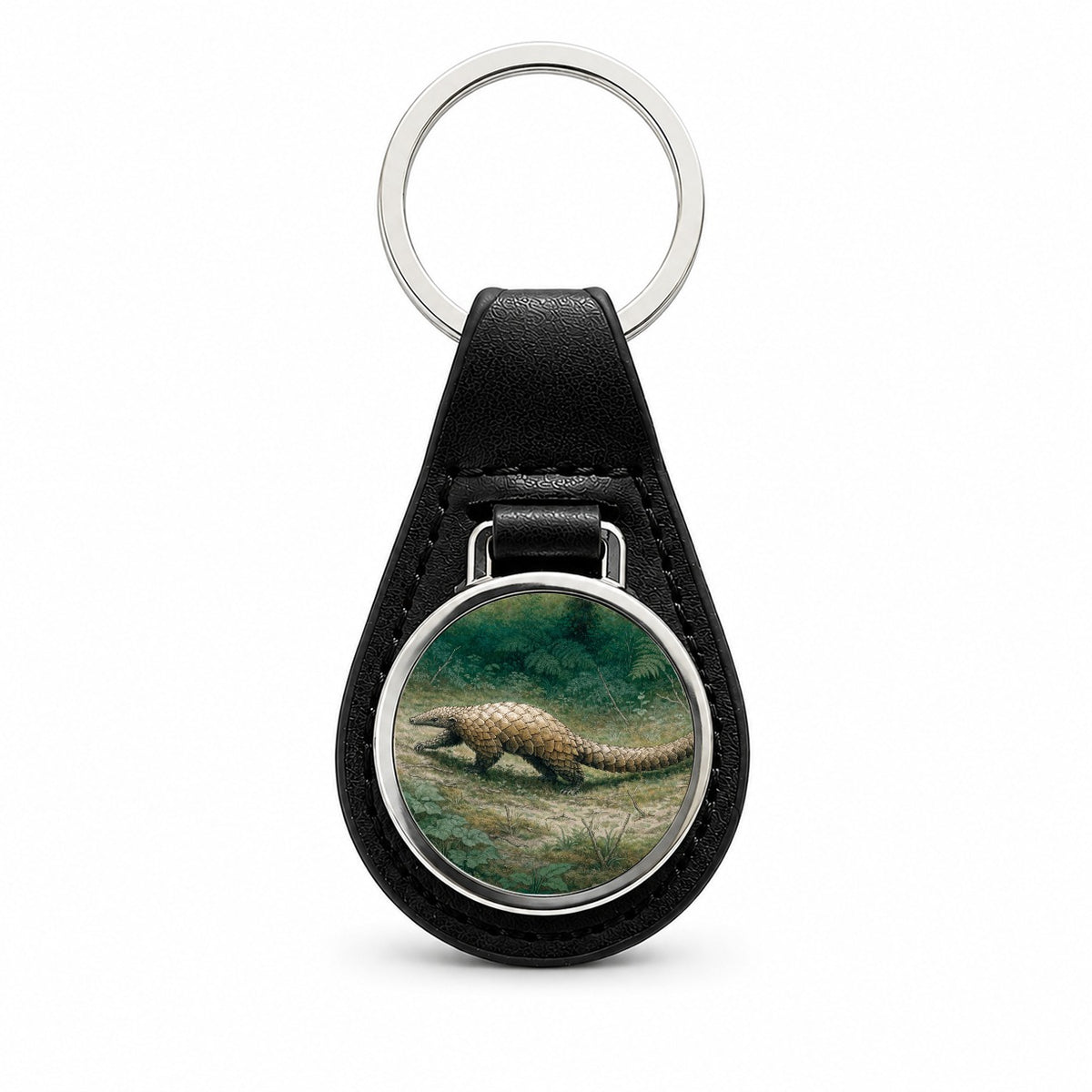 Pangolin Walking Black Leather Metal Keychain