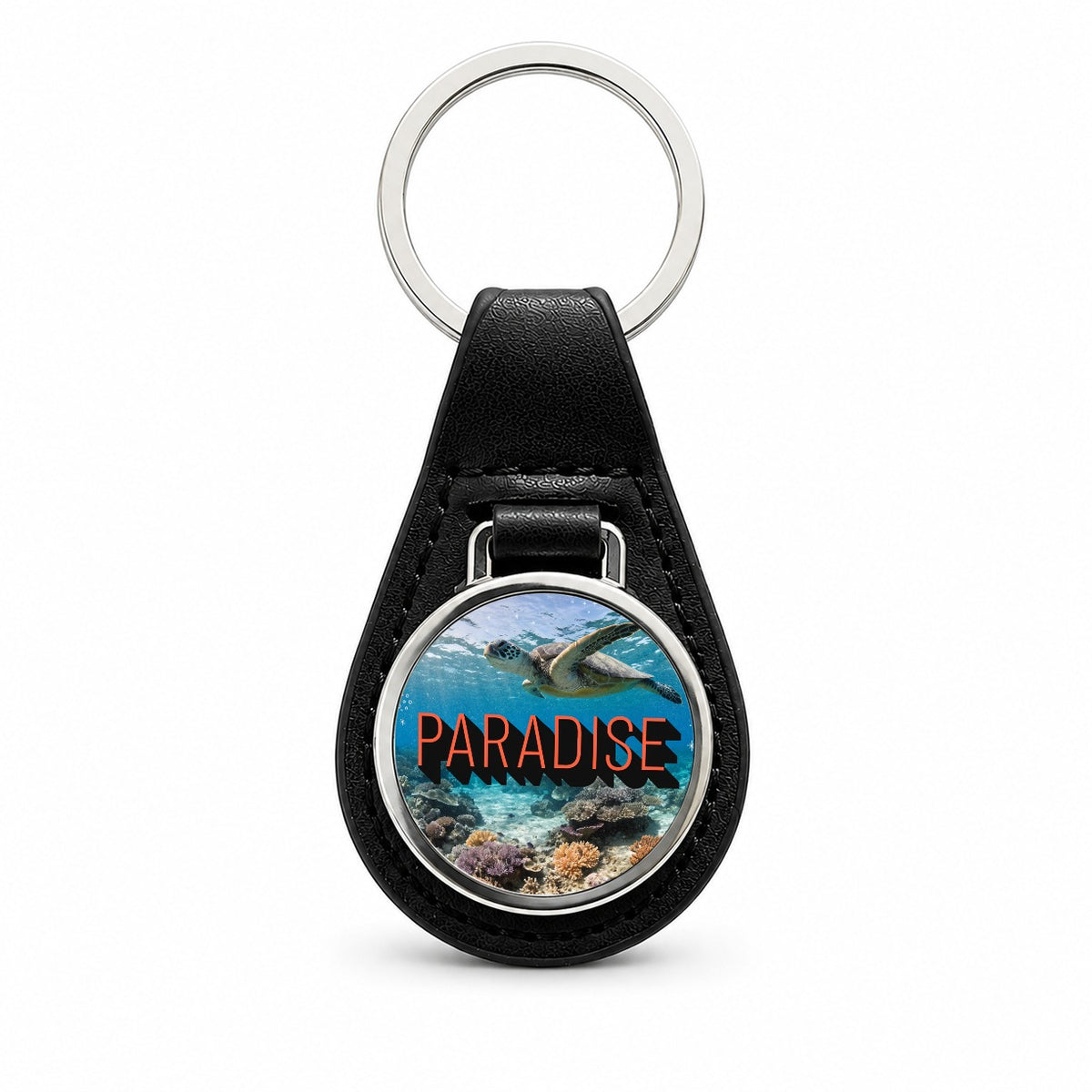Paradise Ocean Swimming Turtle Black Leather Metal Keychain