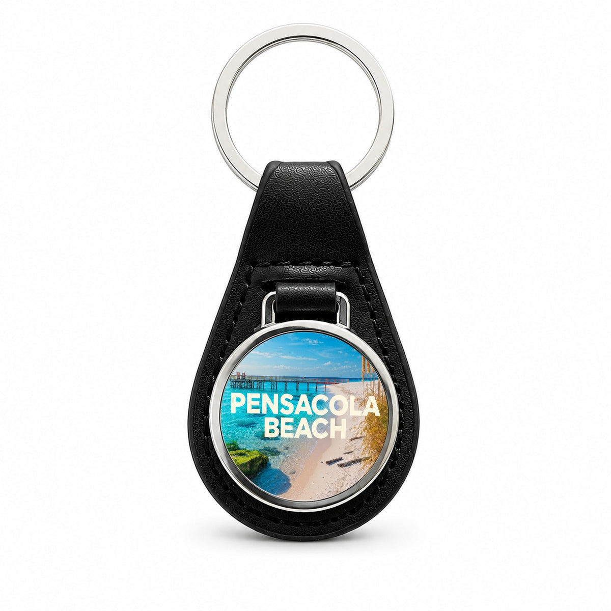 Pensacola Beach Florida Travel Black Leather Metal Keychain