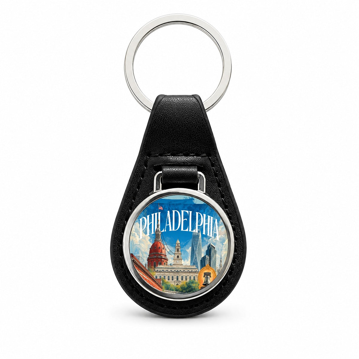 Philadelphia Pennsylvania Travel Black Leather Metal Keychain