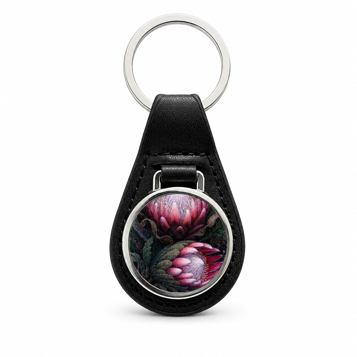 Pink Protea Botanical Black Leather Metal Keychain