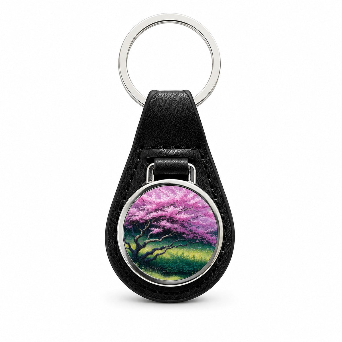 Pink Redbud Spring Tree Black Leather Metal Keychain