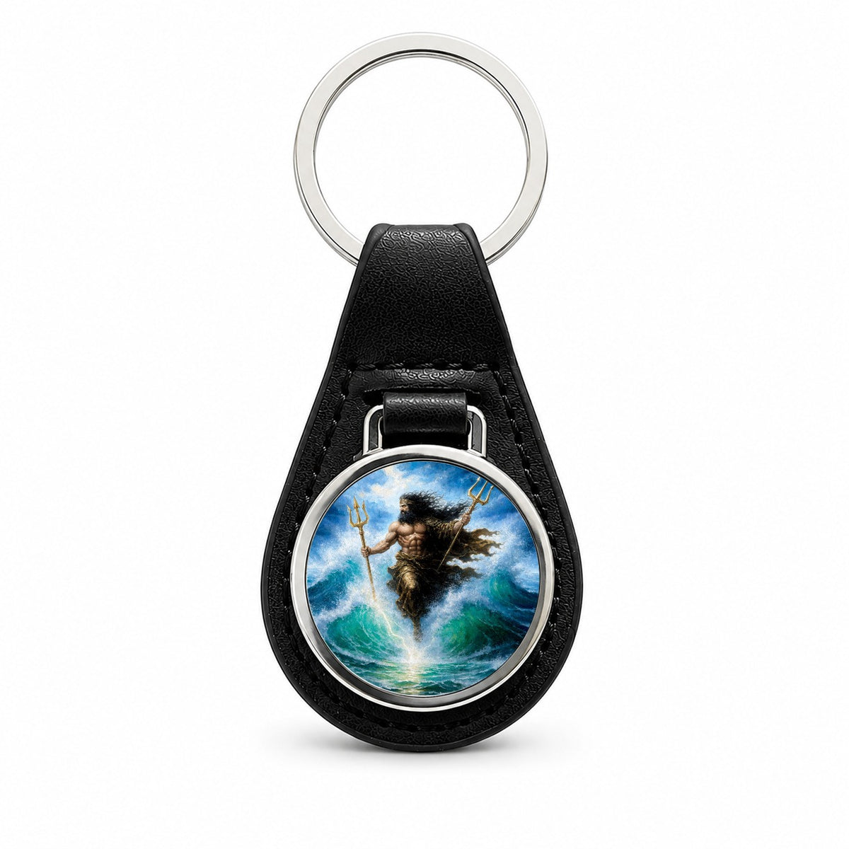 Poseidon Greek Sea God Black Leather Metal Keychain