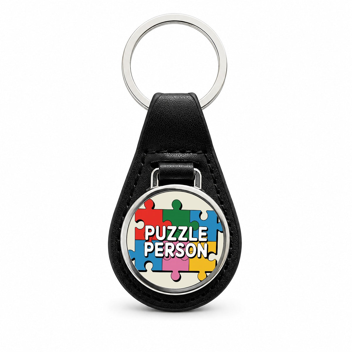 Puzzle Person Colorful Black Leather Metal Keychain