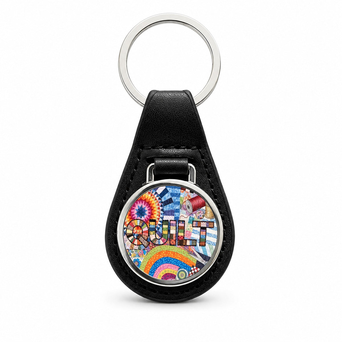 Quilt Quilting Quilter Sewing Colorful Black Leather Metal Keychain