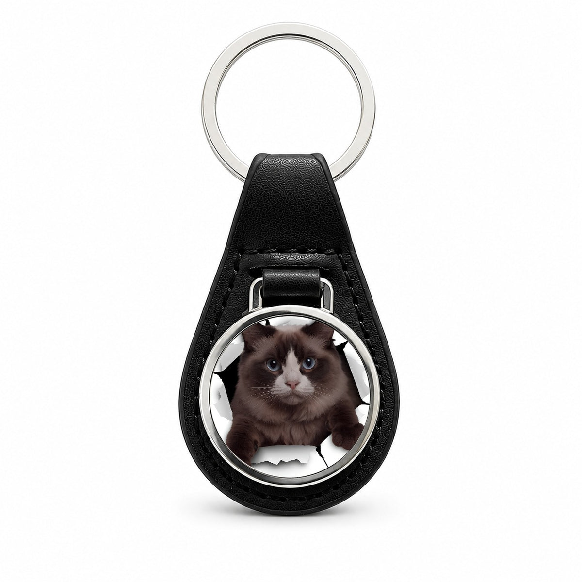 Ragdoll Cat Breakout Black Leather Metal Keychain
