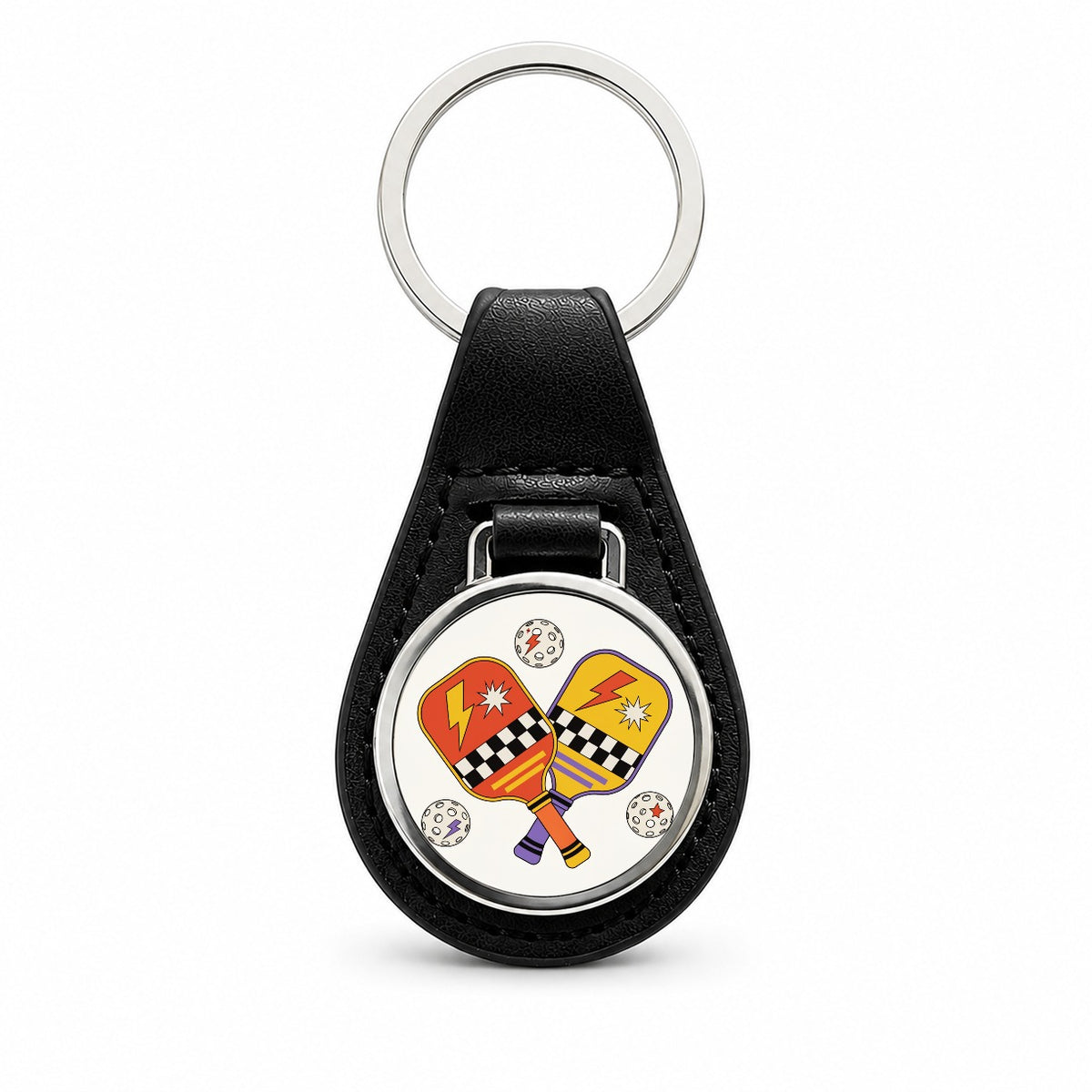 Retro Pickleball Paddles Balls Black Leather Metal Keychain
