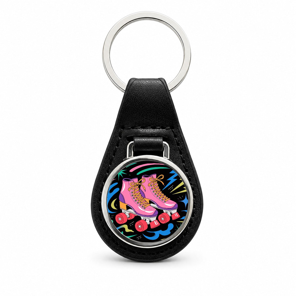 Retro Roller Skates Black Leather Metal Keychain