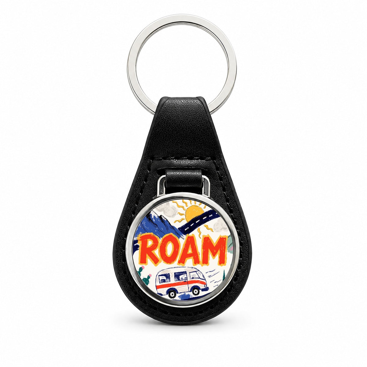 Roam Retro Camper Black Leather Metal Keychain