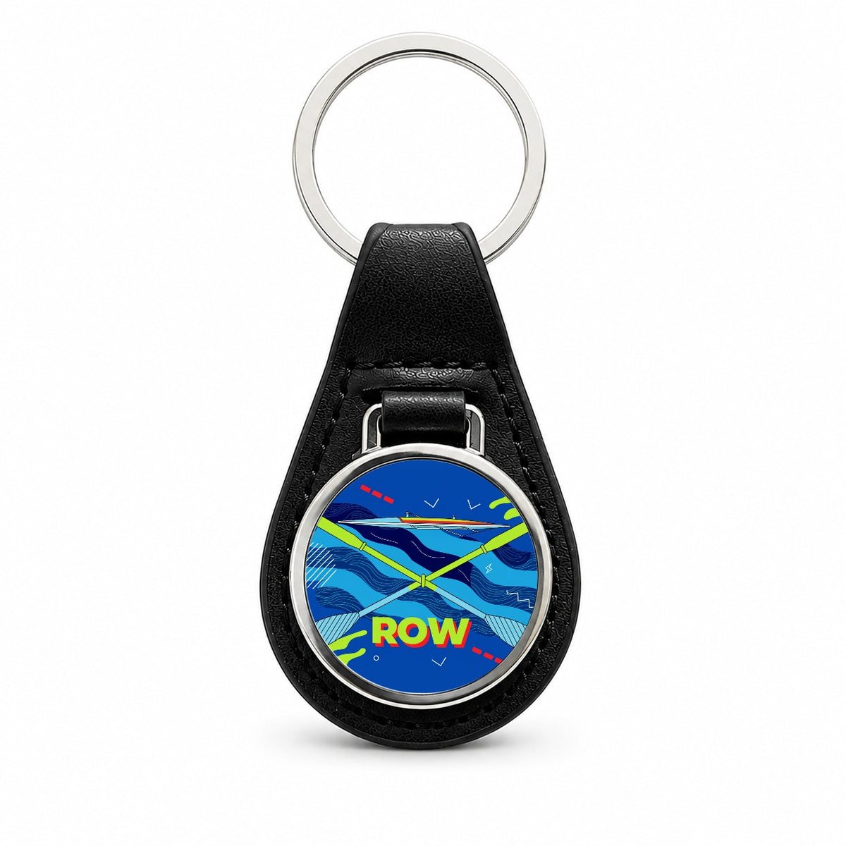 Rowing Oars Racing Shell Black Leather Metal Keychain