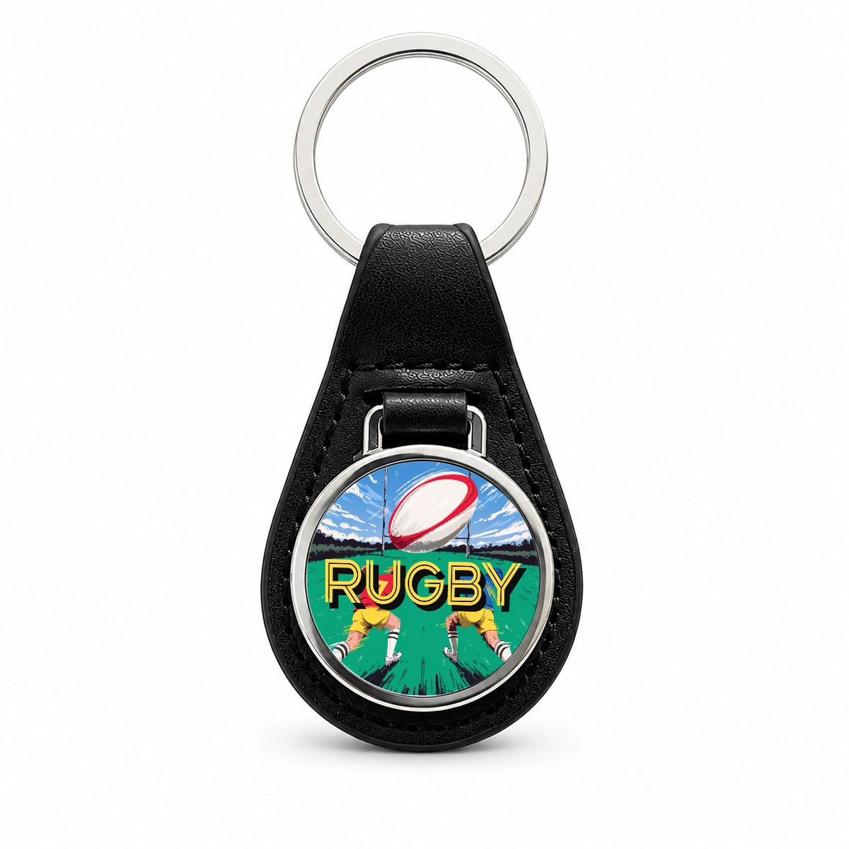 Rugby Ball Sports Black Leather Metal Keychain