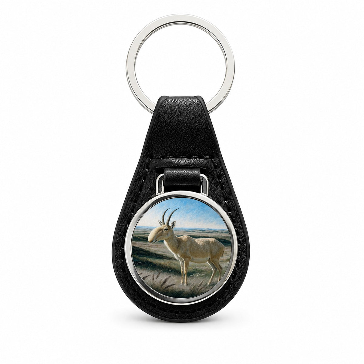 Saiga Antelope Steppe Black Leather Metal Keychain