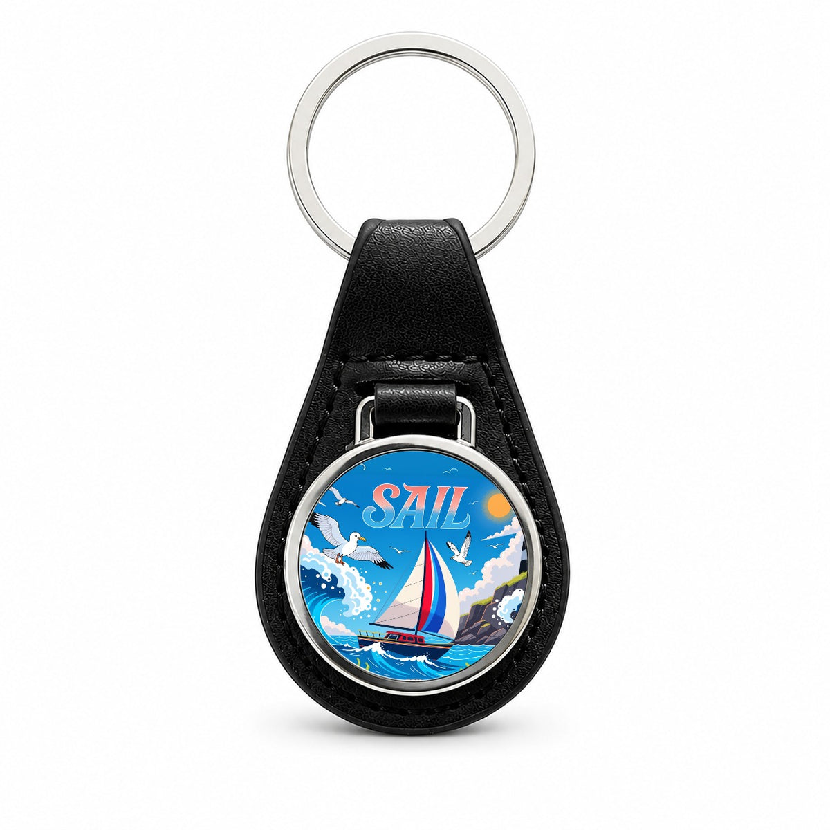 Sail Colorful Sailboat Lighthouse Birds Black Leather Metal Keychain