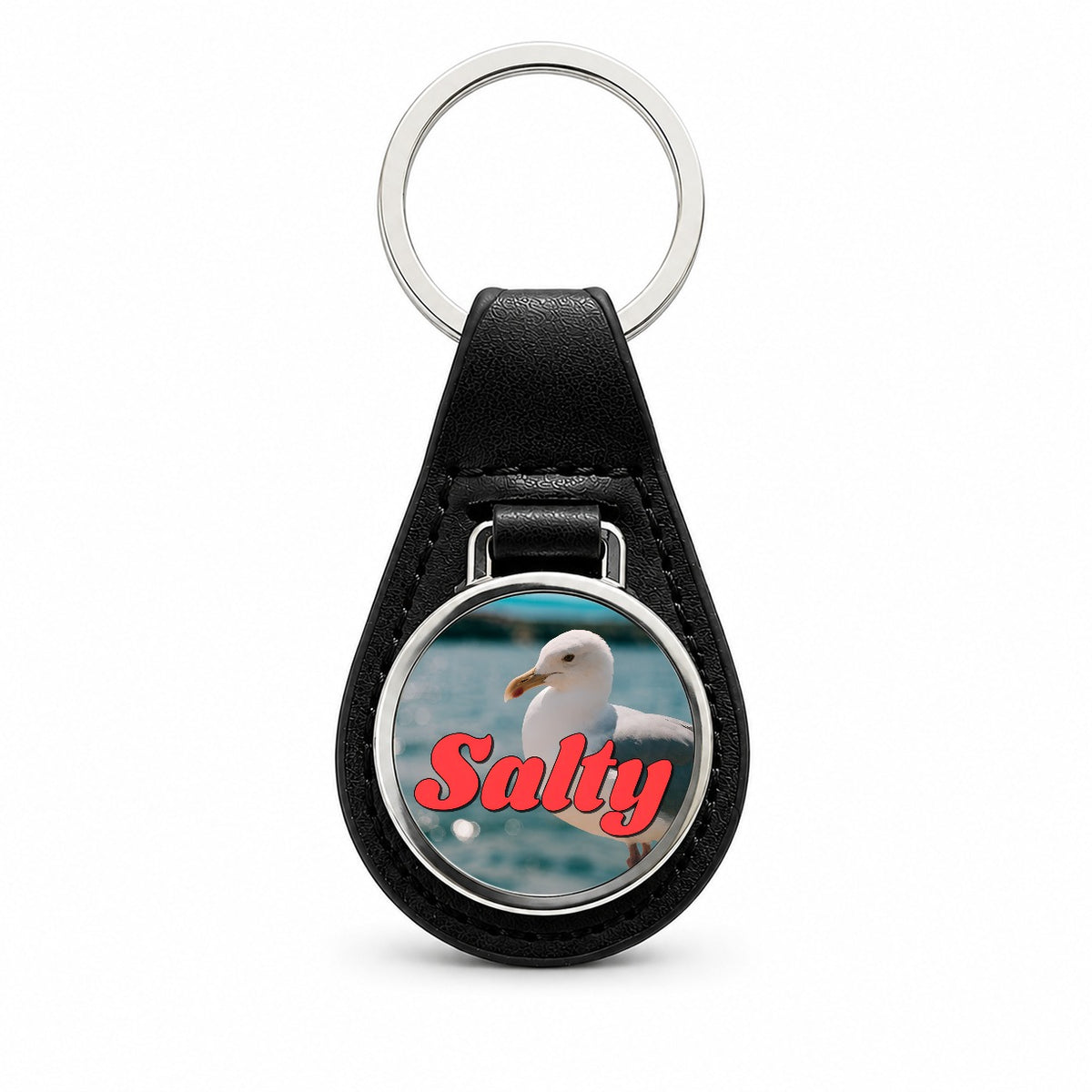 Salty Sea Gull Funny Black Leather Metal Keychain