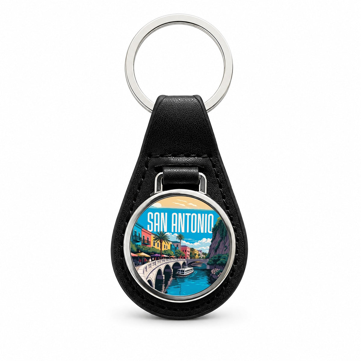 San Antonio Texas Travel Black Leather Metal Keychain