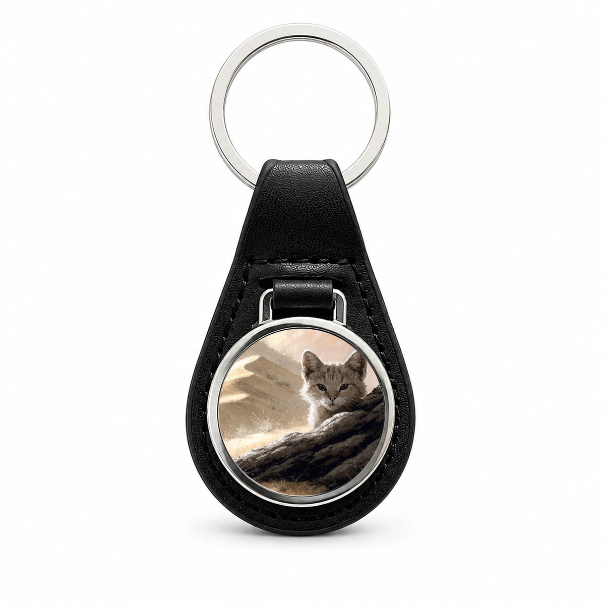 Sand Cat Desert Black Leather Metal Keychain