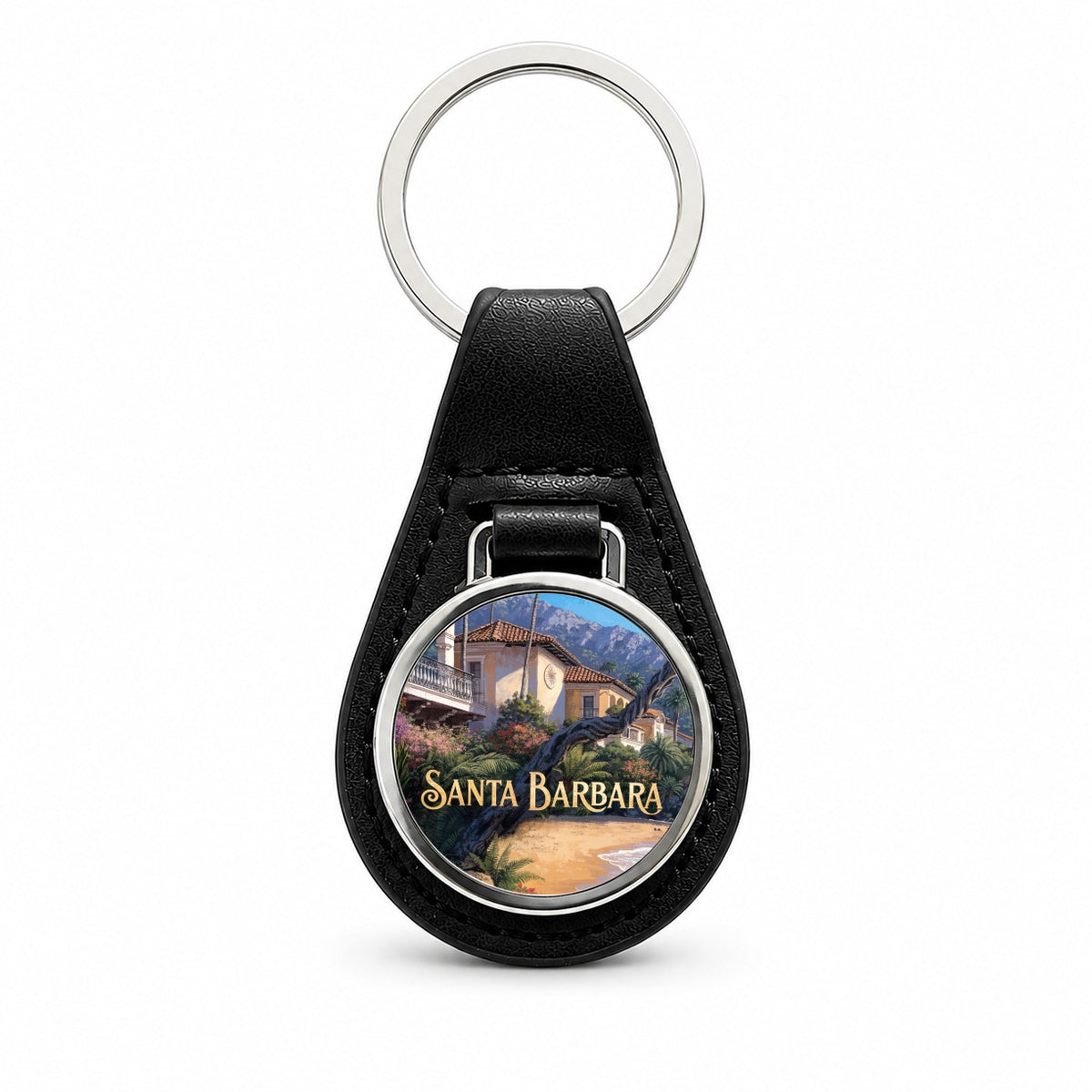 Santa Barbara California Travel Black Leather Metal Keychain