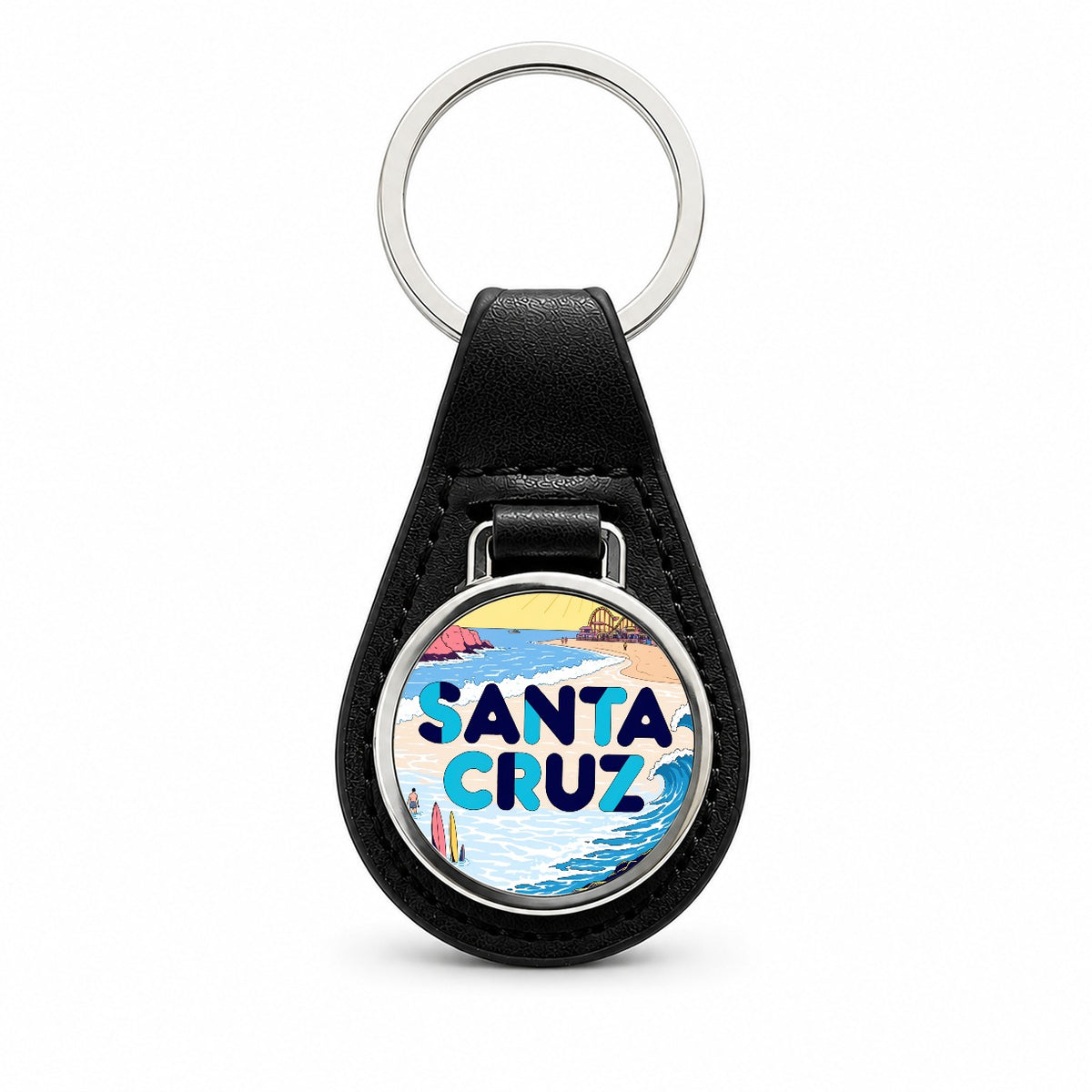Santa Cruz Beach Travel Black Leather Metal Keychain