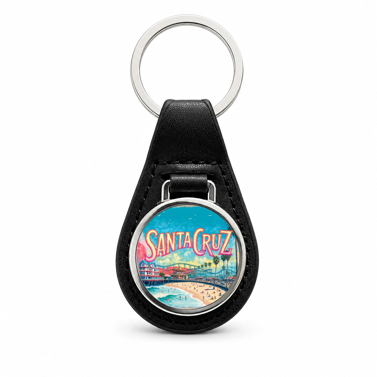 Santa Cruz California Travel Boardwalk Black Leather Metal Keychain