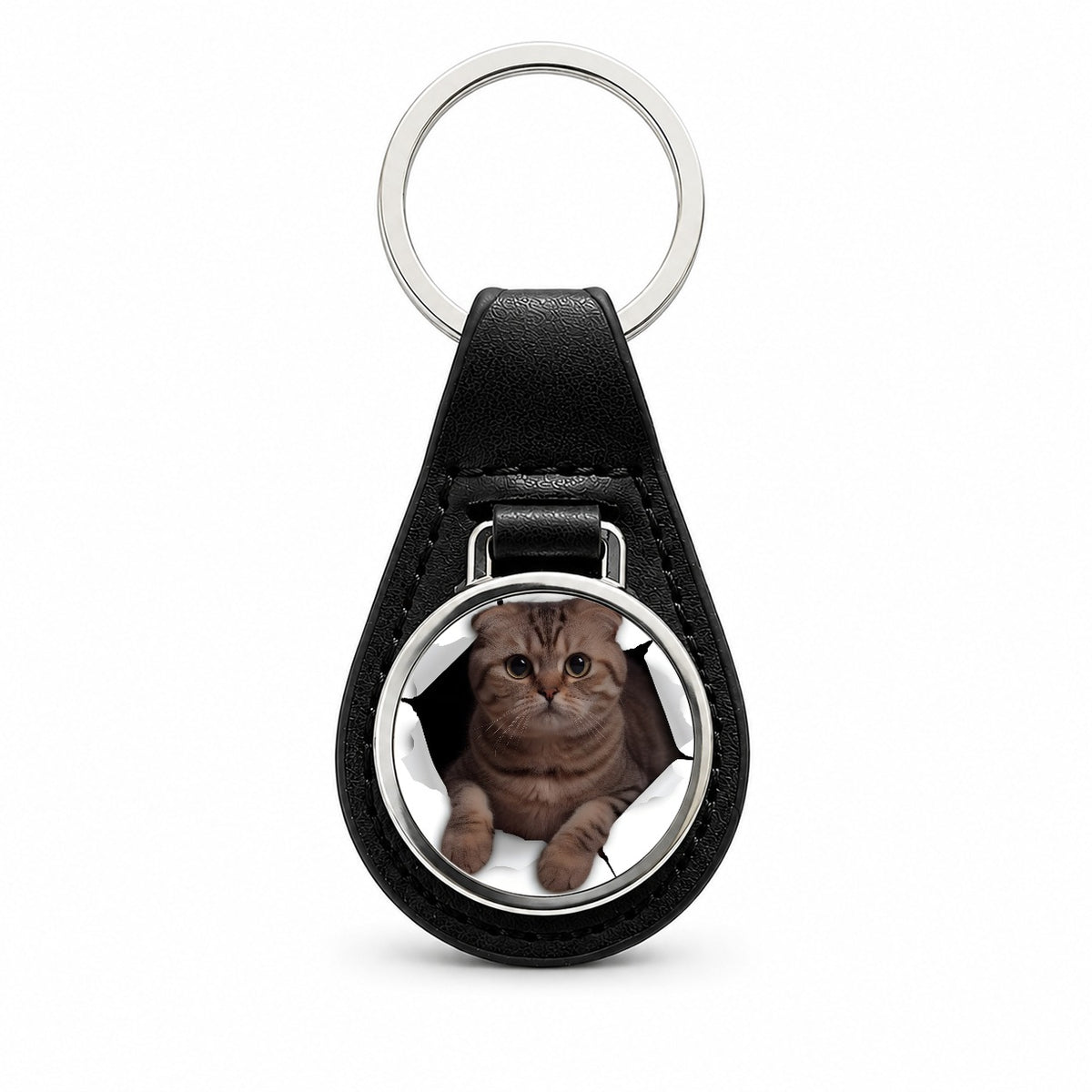 Scottish Fold Breakout Black Leather Metal Keychain