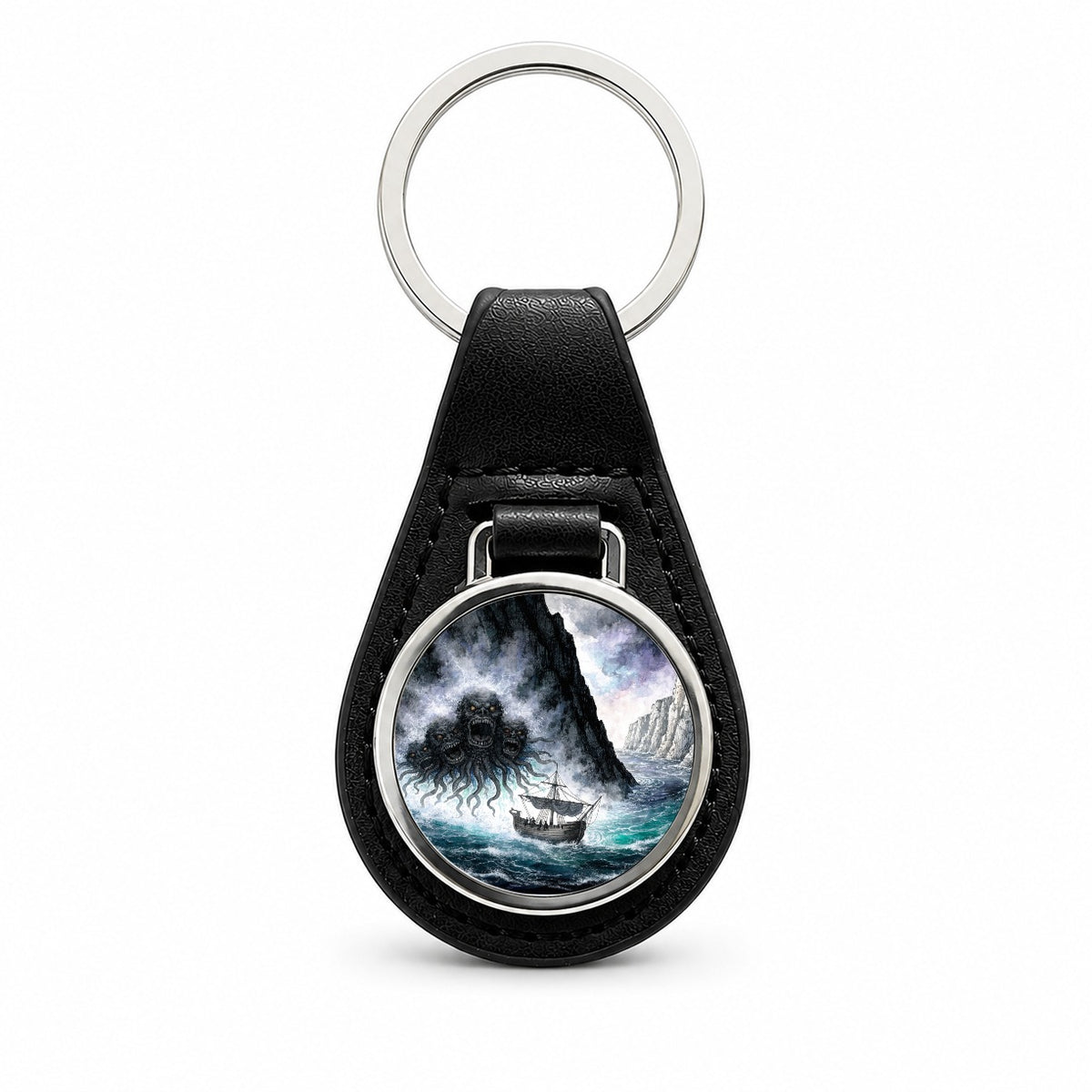 Scylla Greek Sea Monster Black Leather Metal Keychain