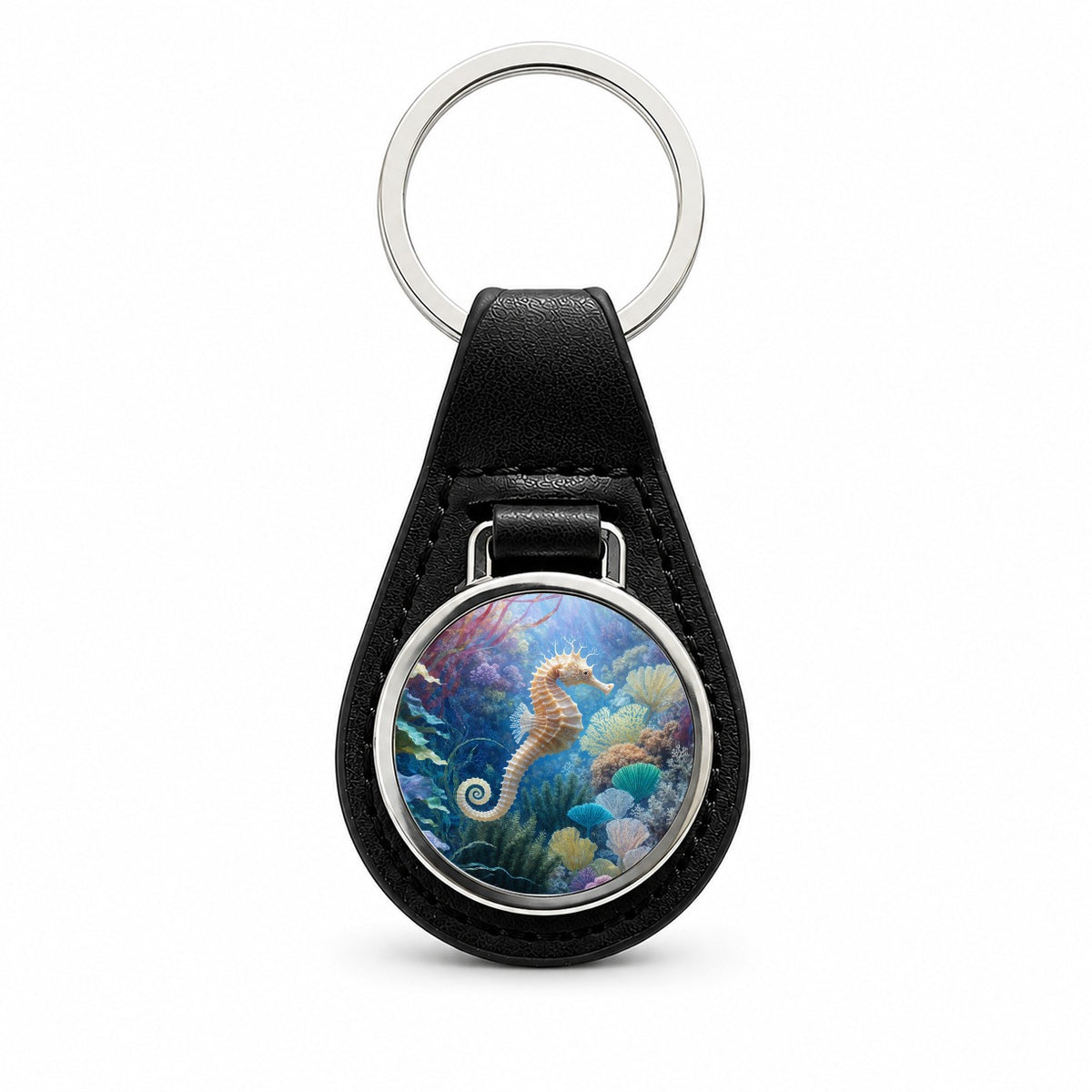 Seahorse Coral Reef Black Leather Metal Keychain