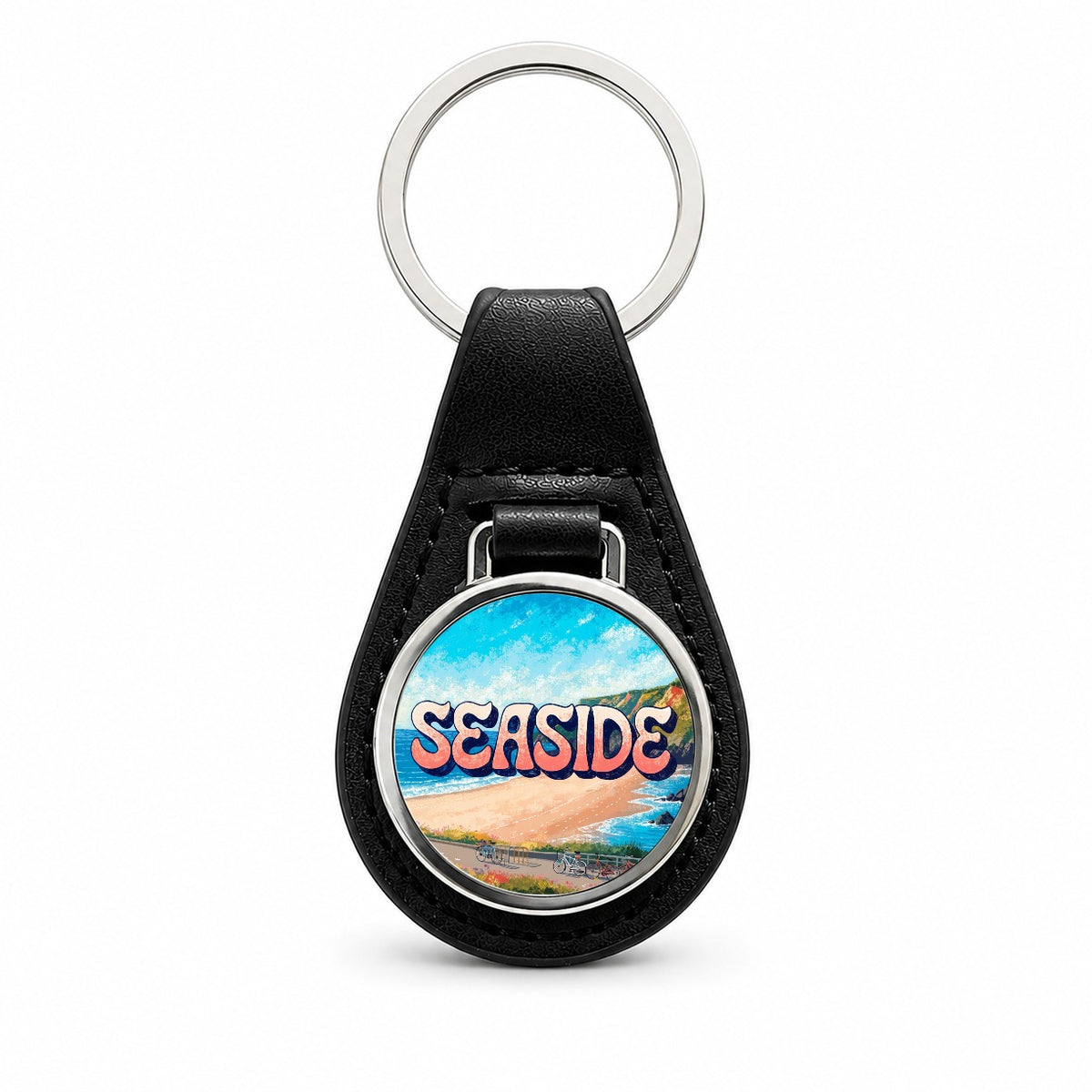 Seaside Oregon Travel Black Leather Metal Keychain