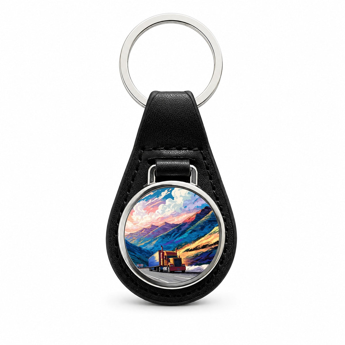 Semi Truck Traveling Driver Mountain Black Leather Metal Keychain