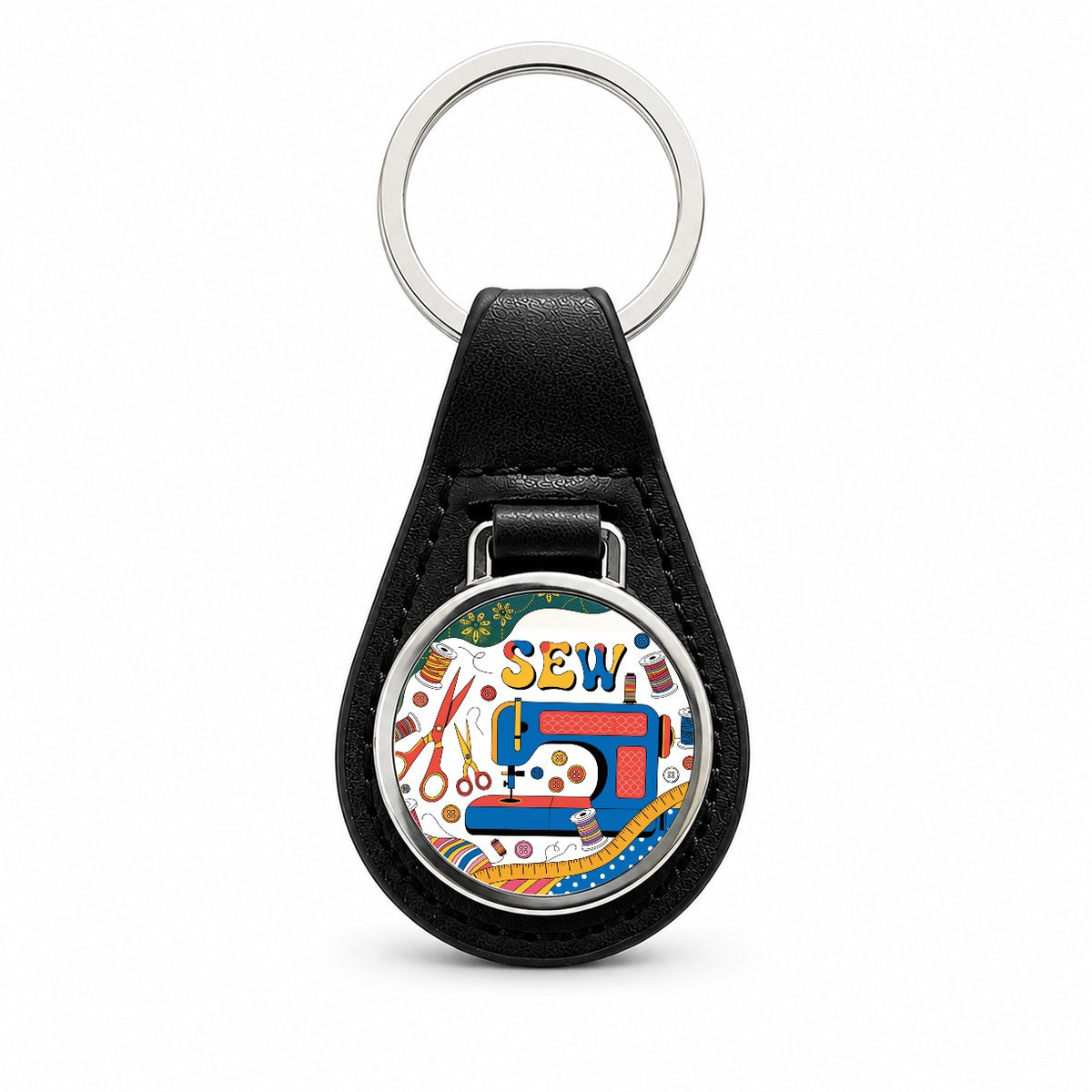 Sew Colorful Sewing Machine Black Leather Metal Keychain