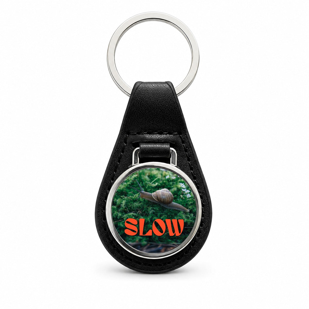 Slow Snail Funny Black Leather Metal Keychain