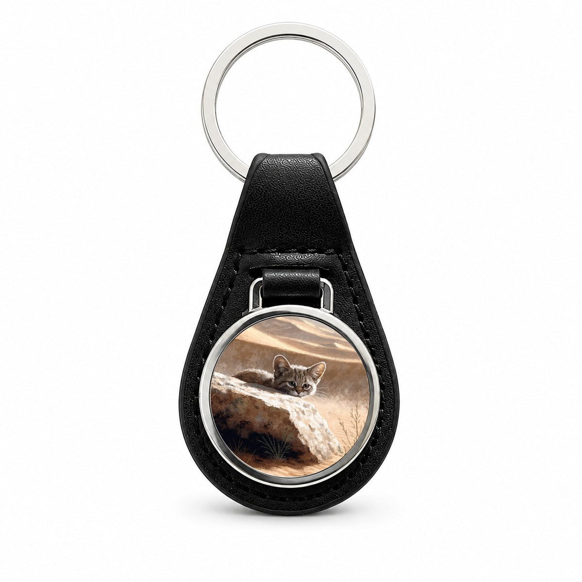 Small Sand Cat Black Leather Metal Keychain