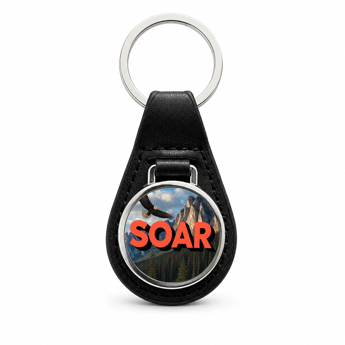 Soar Inspirational Bald Eagle Mountain Black Leather Metal Keychain