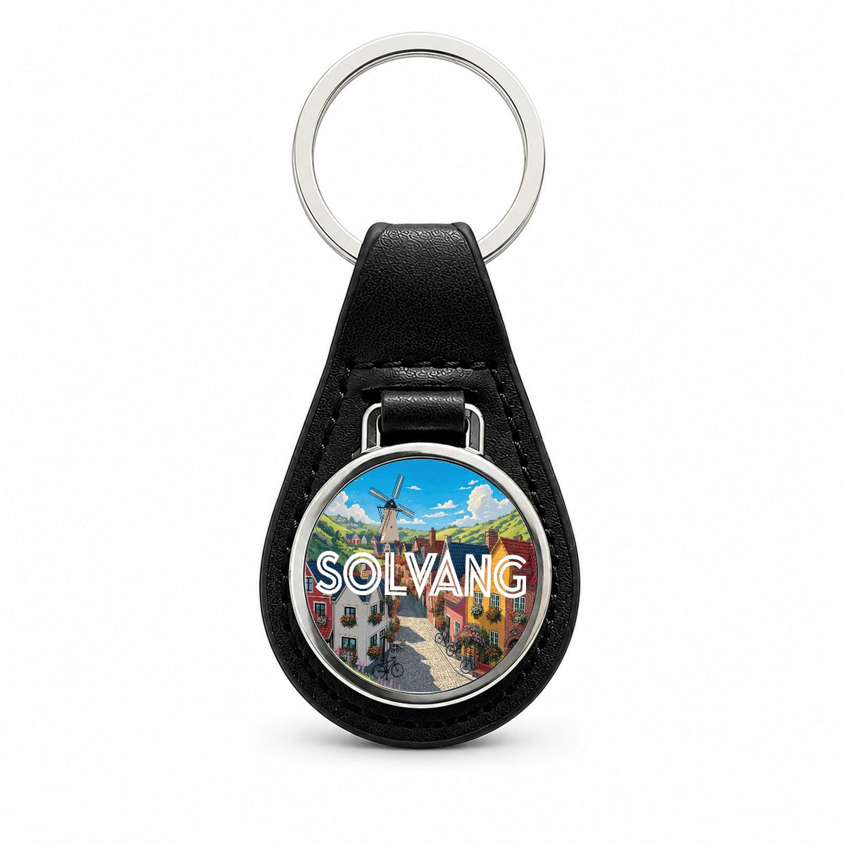 Solvang California Travel Black Leather Metal Keychain