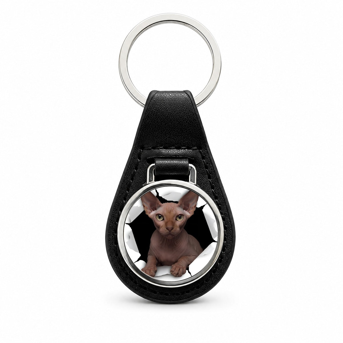 Sphynx Cat Breakout Black Leather Metal Keychain