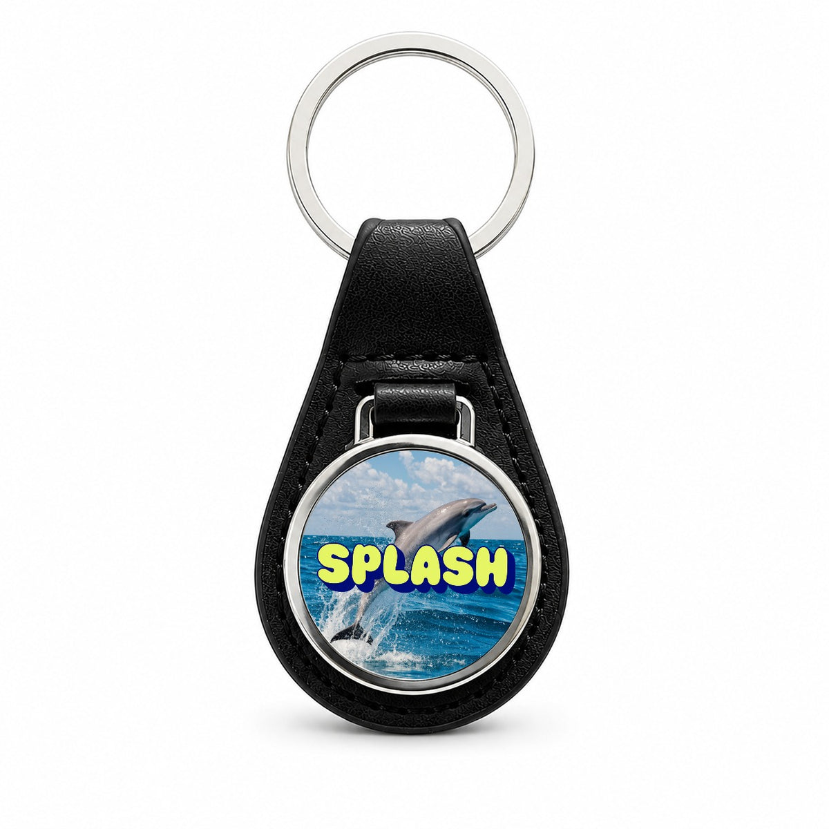 Splash Dolphin Jumping Fun Black Leather Metal Keychain