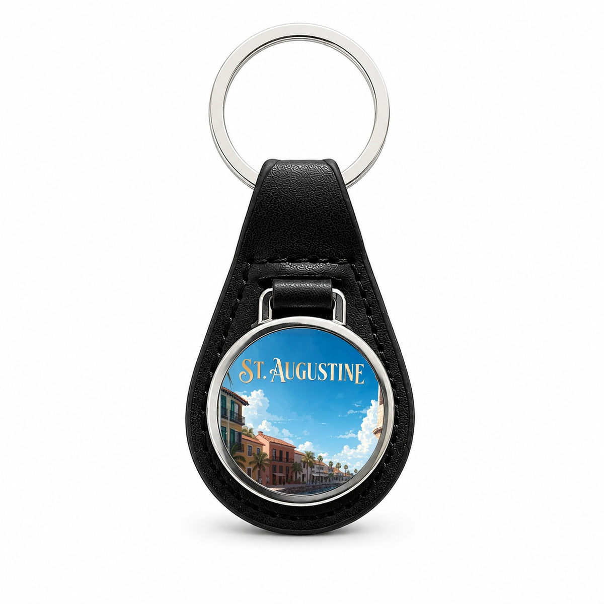 St Augustine Florida Travel Black Leather Metal Keychain